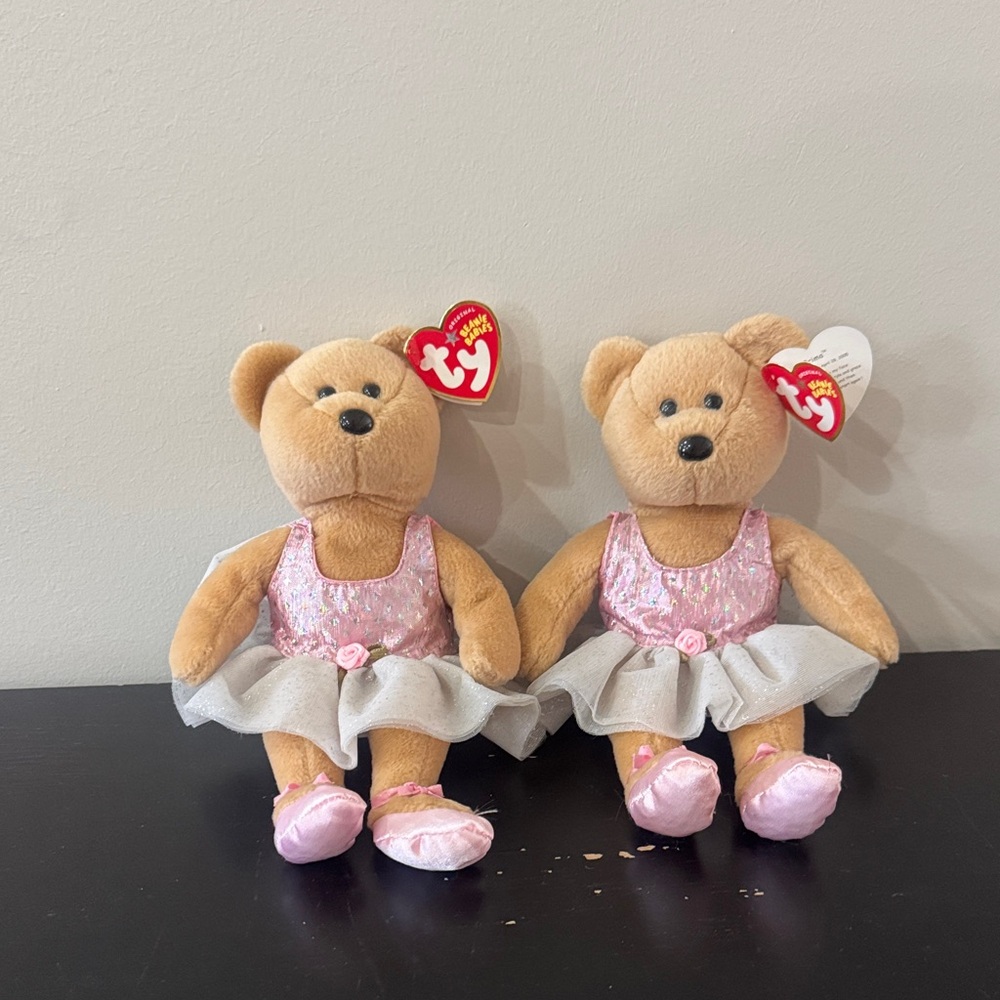 Pair of Ty Beanie Babies Pink Ballerina Bear “Prima” Plush Toy - Pink and Cream